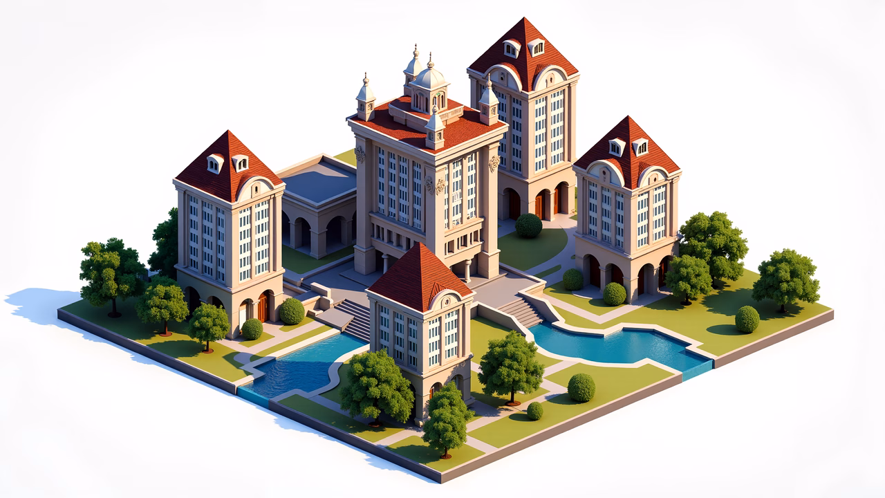 Isometric view of a classical university campus with symmetrical architecture and lush greenery.