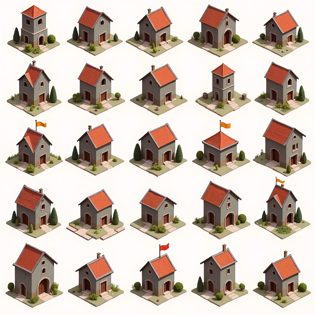 Uniform isometric village with red roofs and gray walls, showcasing unity and order.