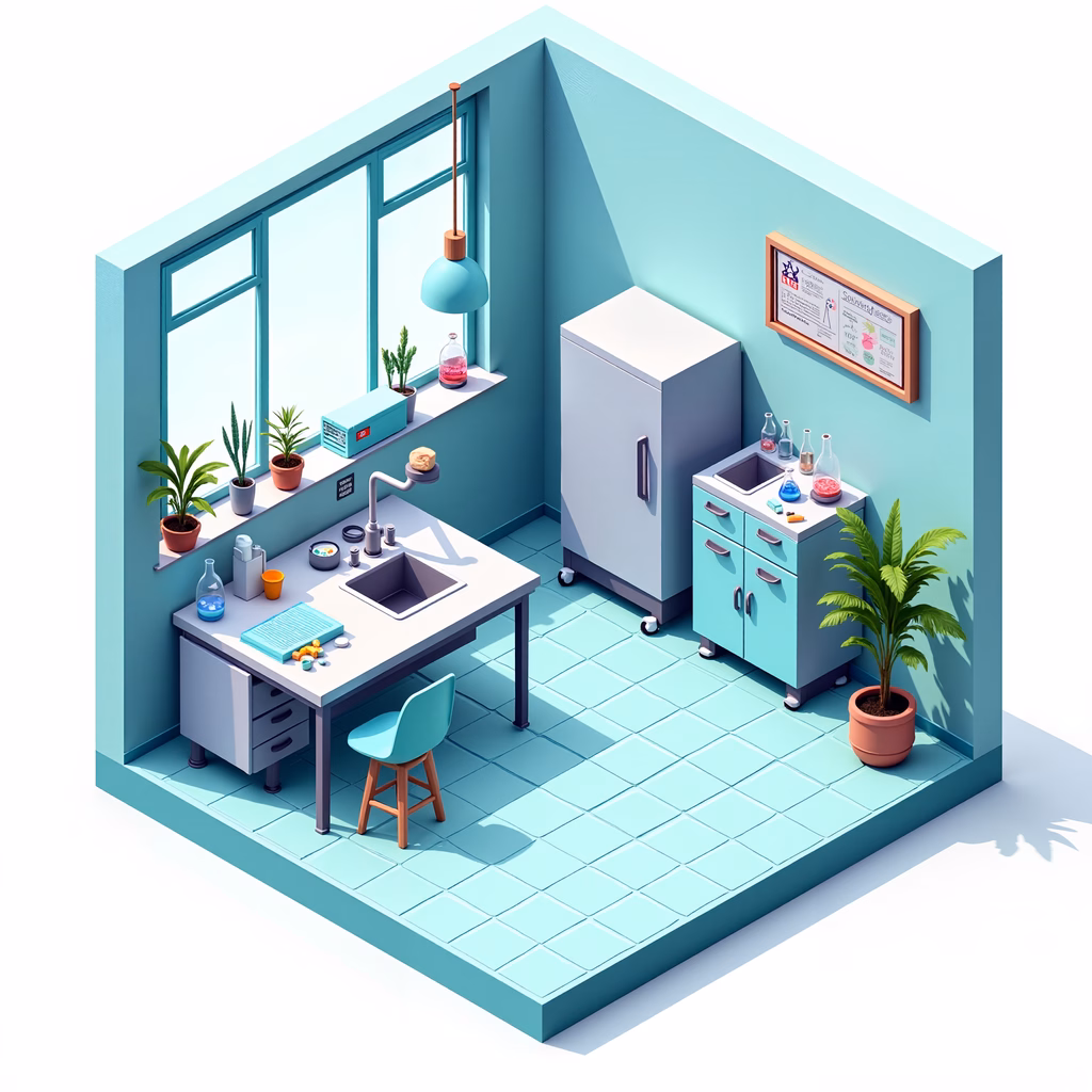 Modern laboratory scene with blue tones and scientific equipment.