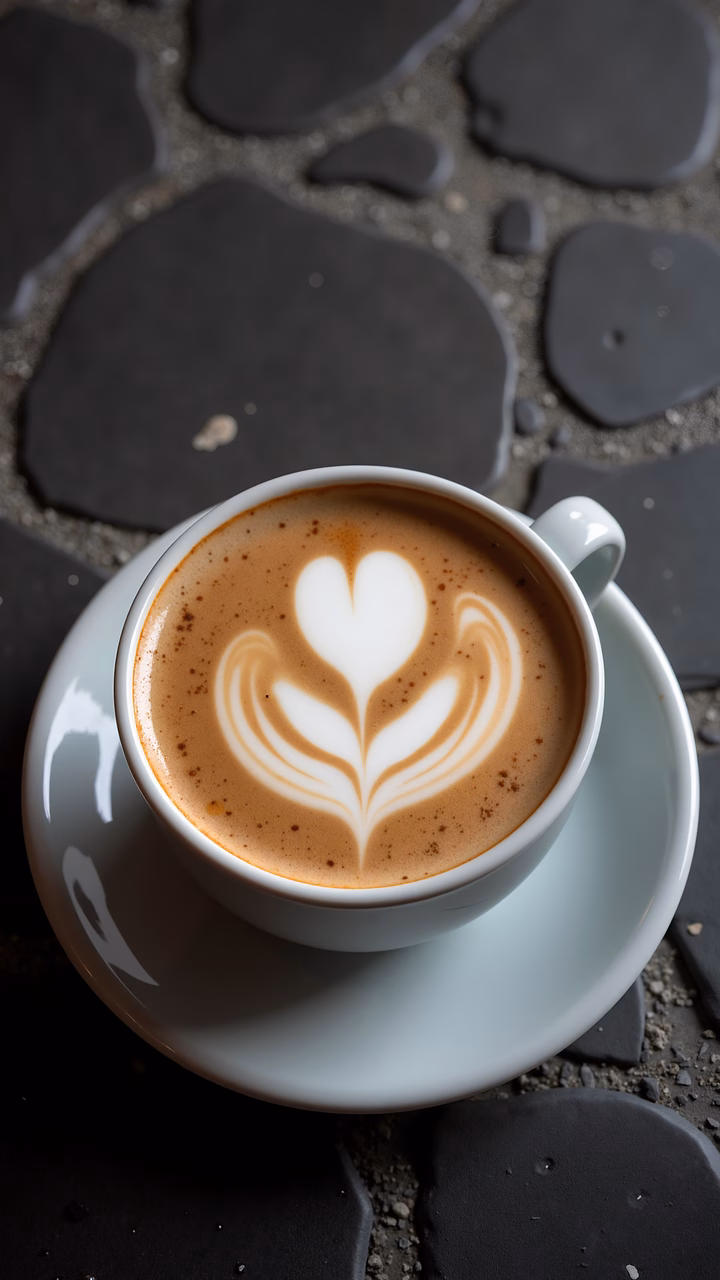 Close-up of latte art heart design on a cup of coffee, set against textured paving stones.