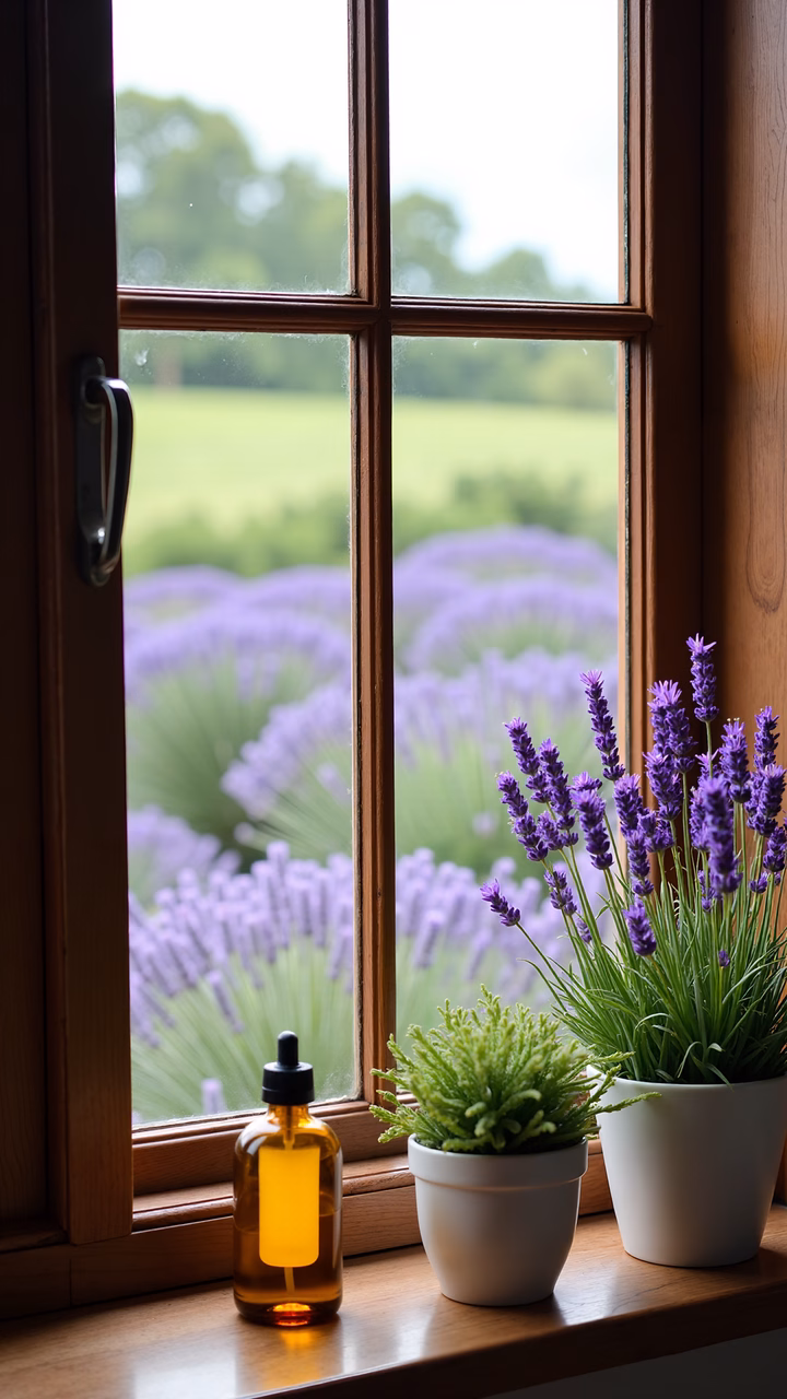 A tranquil lavender field viewed through a wooden window, featuring essential oil and plants inside.
