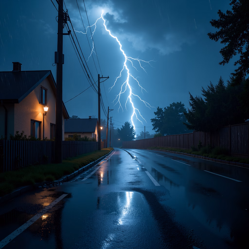 Dramatic lightning storm over a quiet suburban street at night.