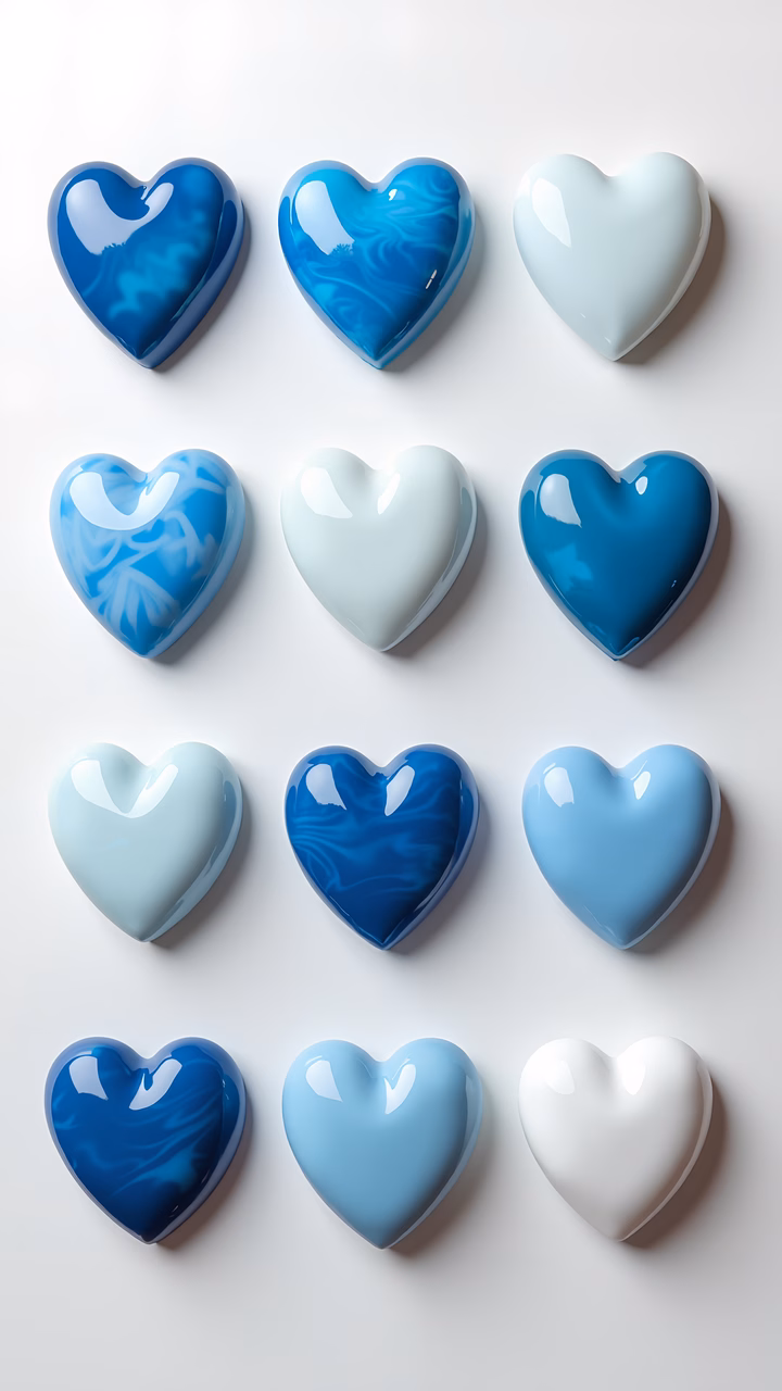 Glossy marbled hearts in shades of blue and white, arranged in a grid on a white background.