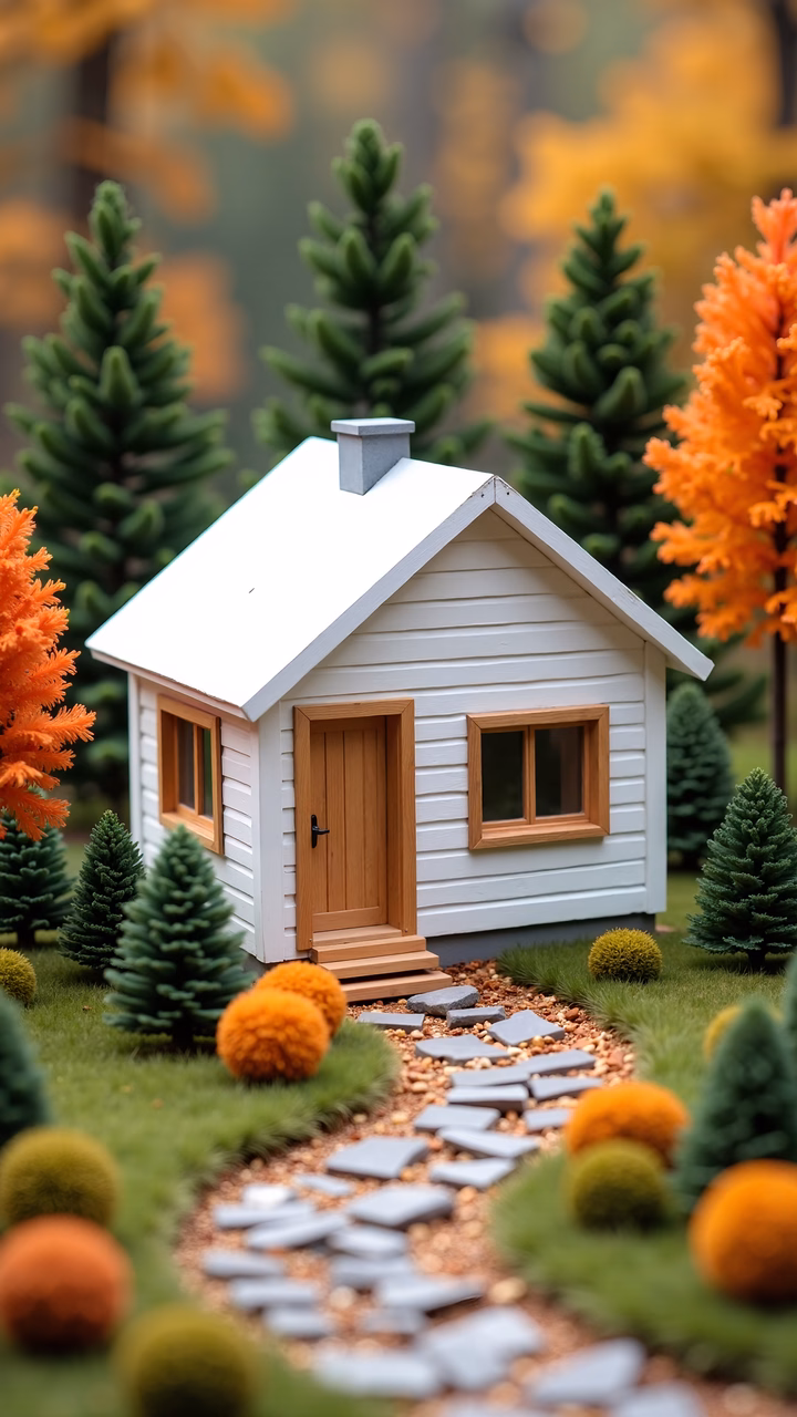 A miniature house surrounded by autumn foliage in a serene setting.