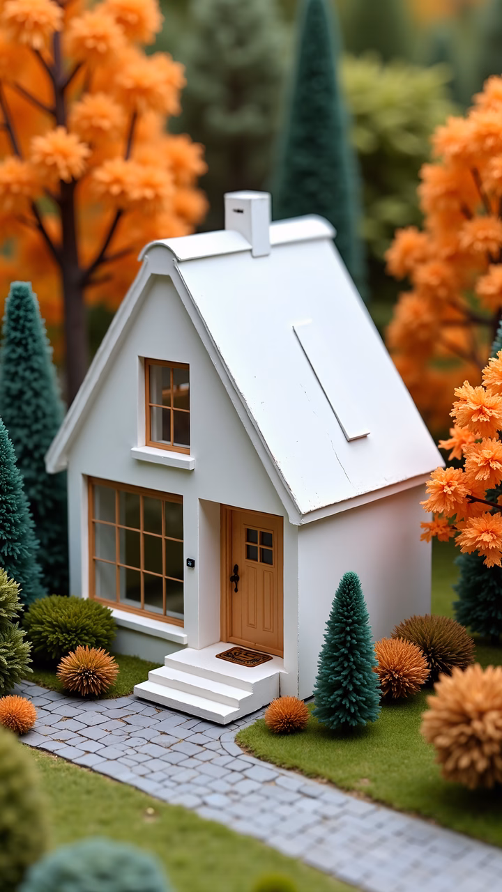 A picturesque miniature house surrounded by autumn foliage and detailed landscaping.