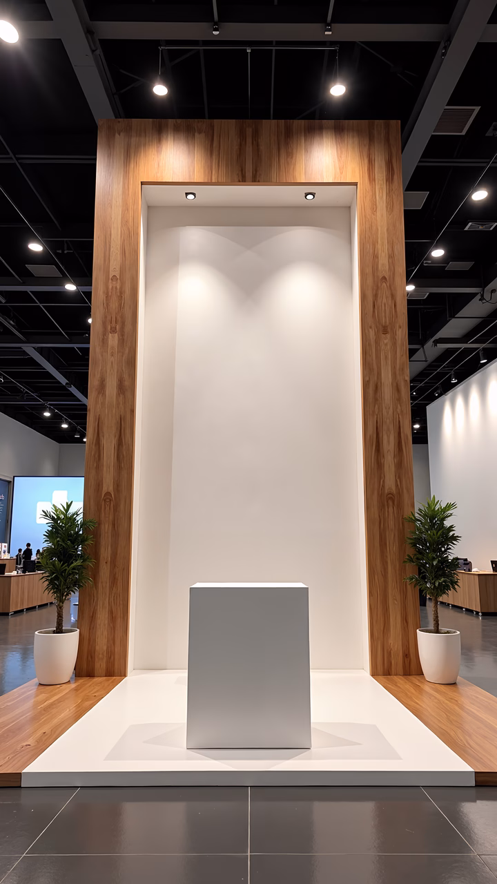 Modern minimalist exhibition booth with wooden accents and metallic centerpiece.
