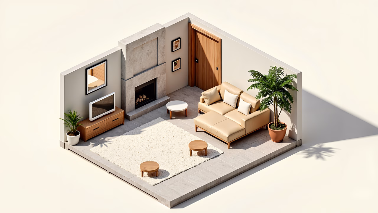 Modern minimalist living room with fireplace and cozy furniture.