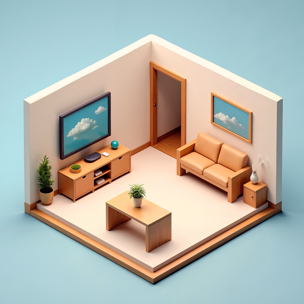 A serene minimalist living room with pastel tones and natural elements.