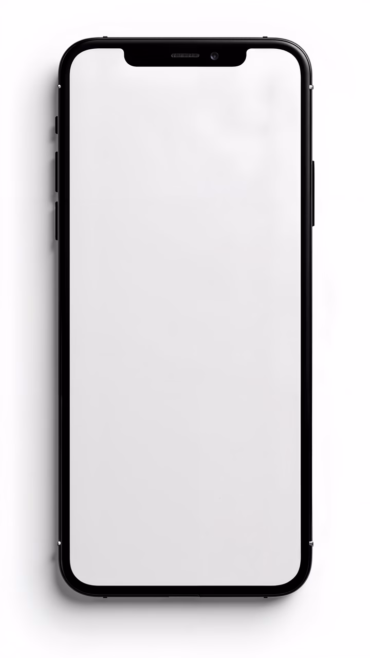 Sleek black smartphone with a blank white screen on a minimalist background.