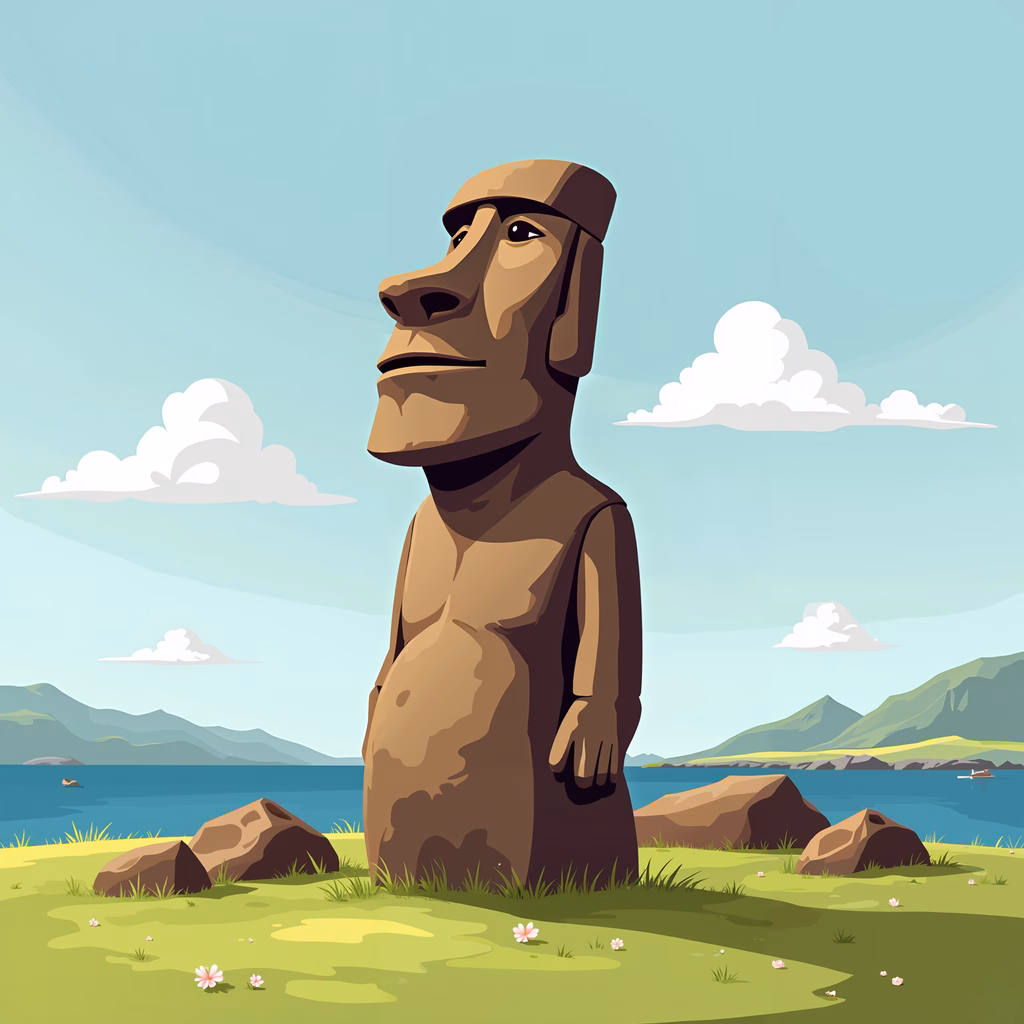 Simplified Moai statue in a tranquil landscape setting.
