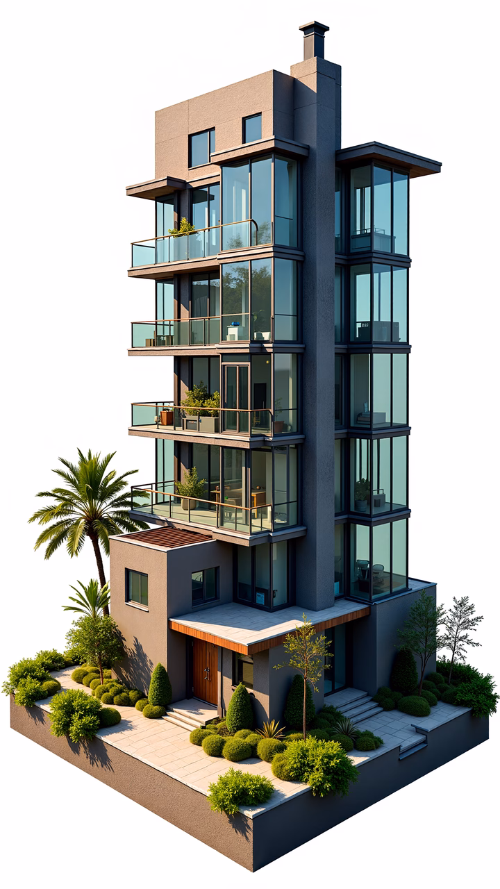 Modern apartment building with glass windows and greenery, serene and inviting atmosphere.