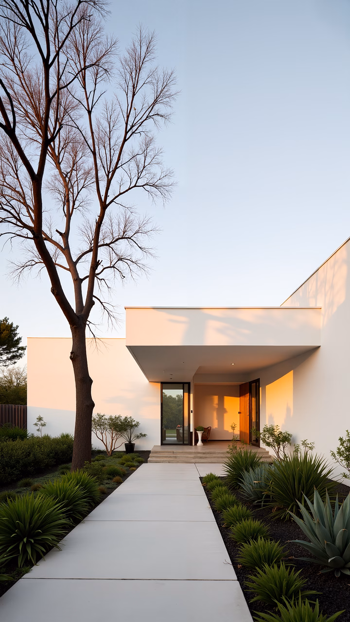 Modern home entrance bathed in golden hour light, minimalist design, serene atmosphere.