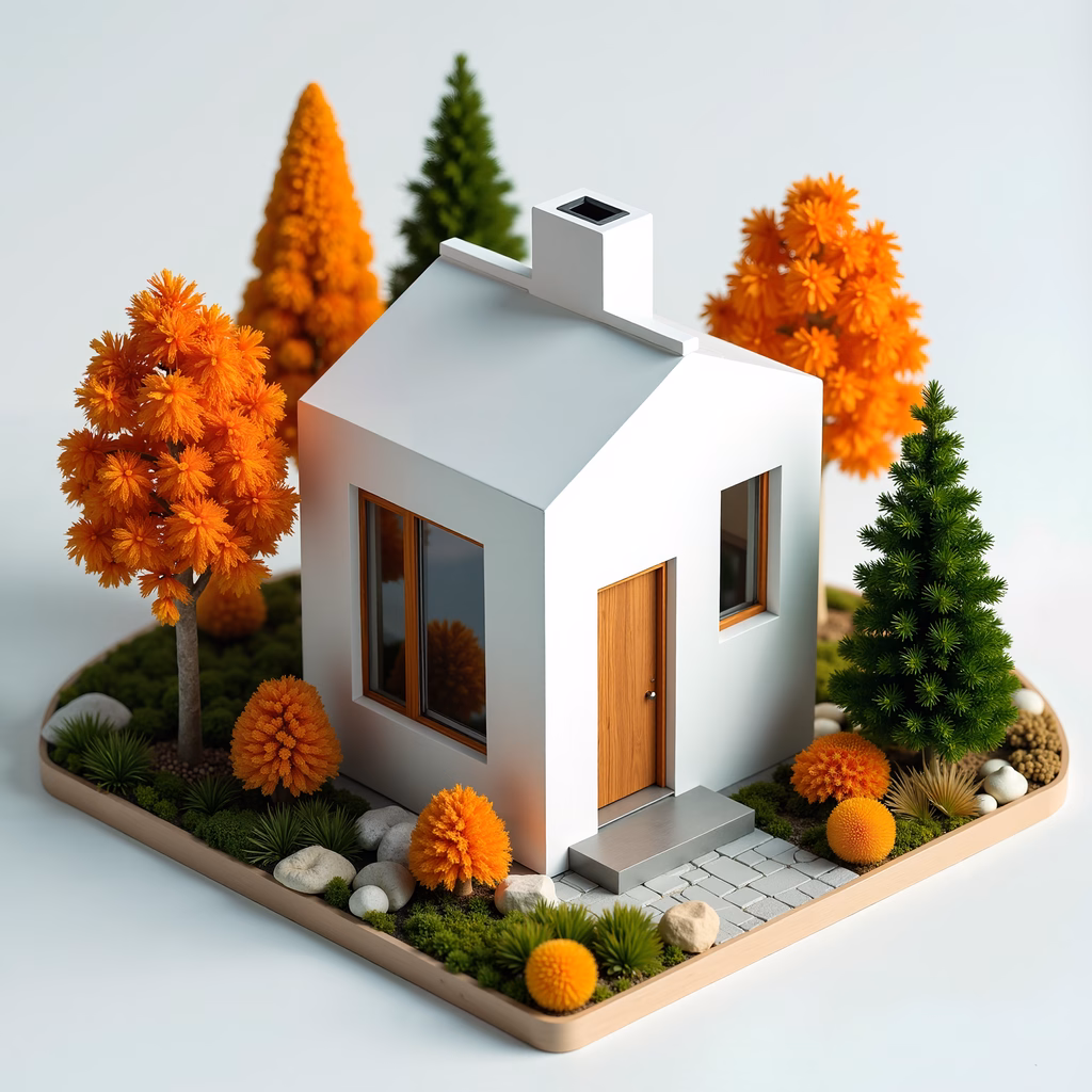 Minimalist modern house with vibrant autumn trees in a serene setting.
