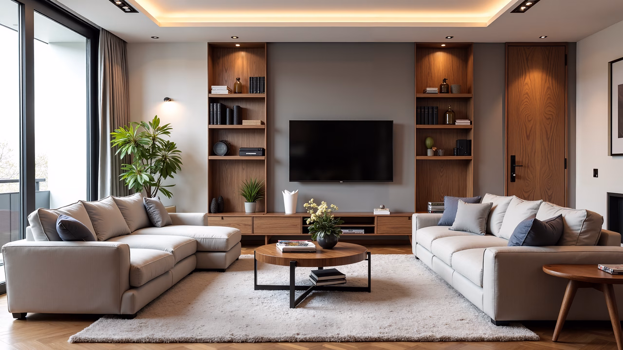 Modern, cozy, contemporary living room design with neutral tones and wooden accents.