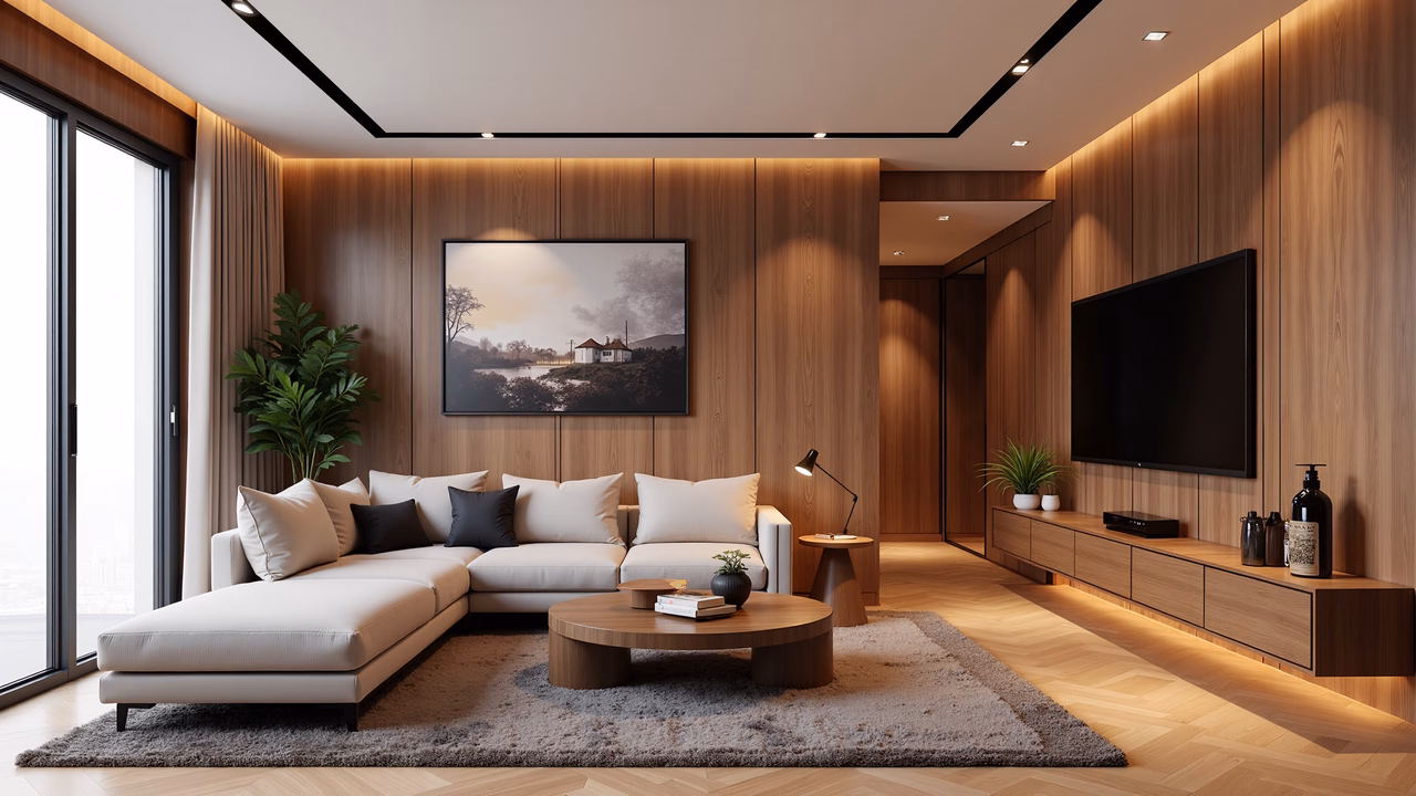 Modern living room with wooden accents and neutral tones, featuring a comfortable sofa and a serene landscape painting.