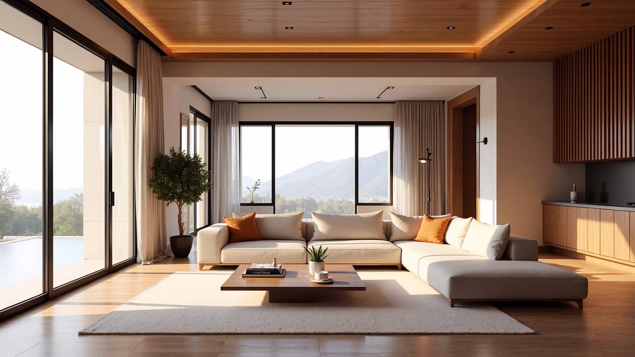 Modern living room with panoramic mountain view and neutral tones.