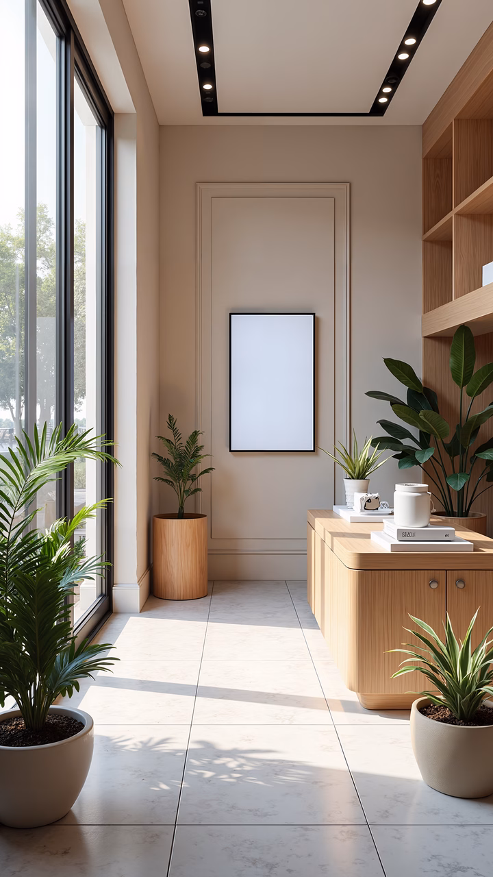 Modern minimalist interior with natural light and greenery.