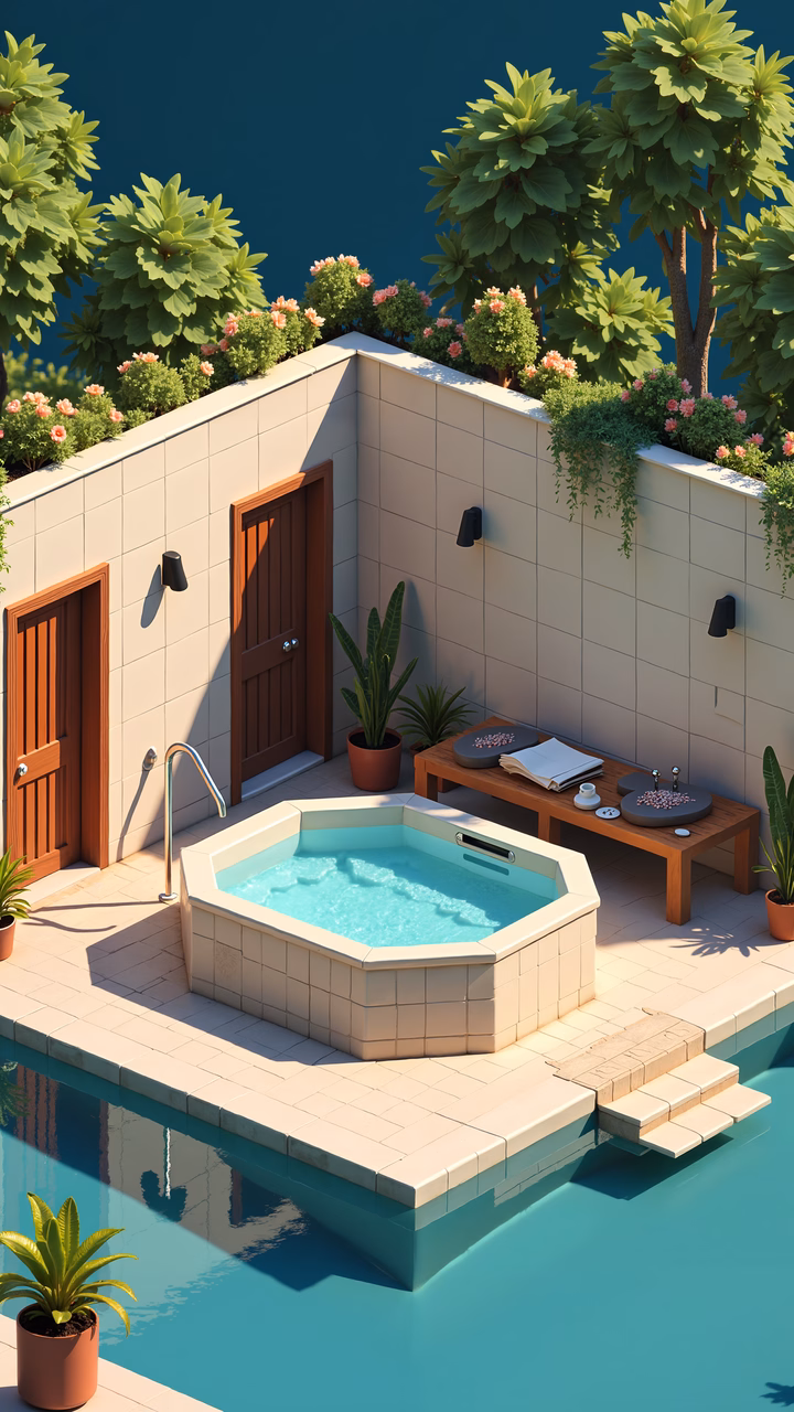 A modern retreat with a hot tub, surrounded by greenery and vibrant flowers, offering a peaceful ambiance.