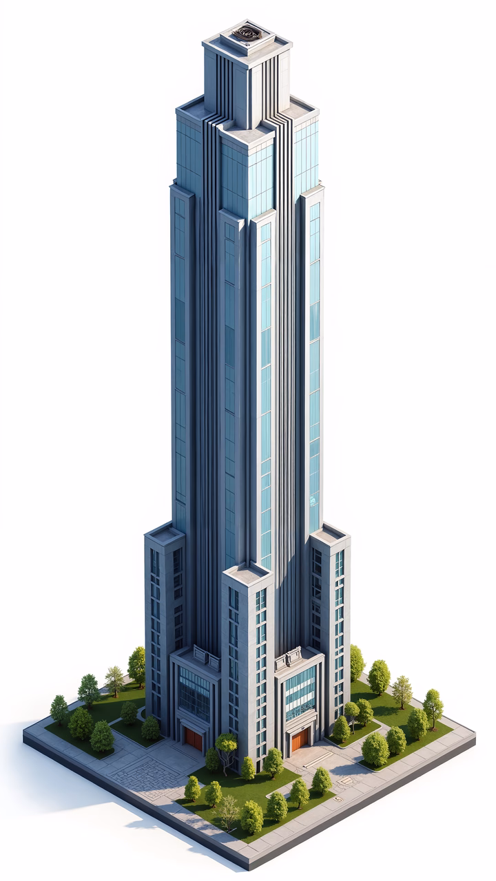 Detailed modern skyscraper illustration with geometric symmetry and transparent glass windows.