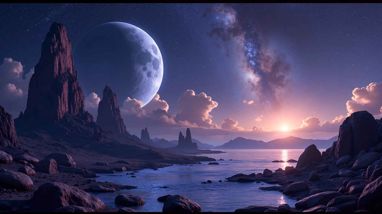 A mesmerizing night scene with a large moon and tranquil waters, perfect for nature enthusiasts and dreamers alike.