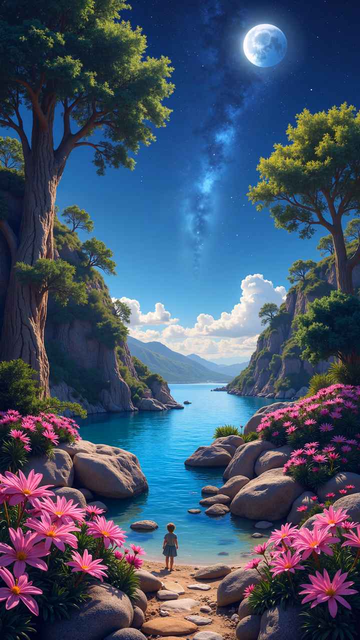 A peaceful night scene with a full moon and vibrant flowers by a serene lake.