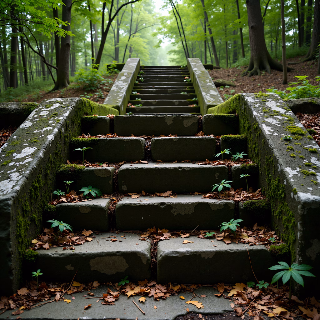 Mossy stone steps in a verdant forest, inviting exploration.