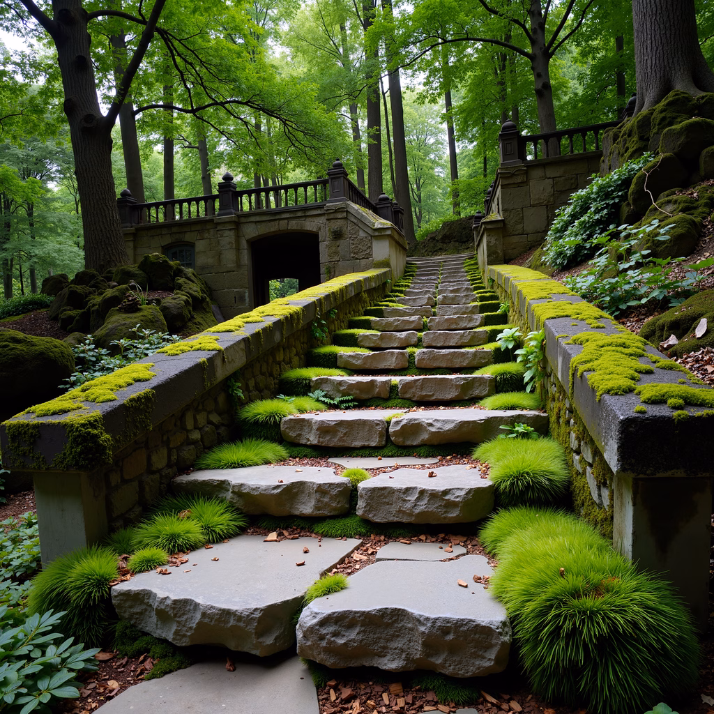 Mossy stone pathway in a lush forest, serene and inviting.