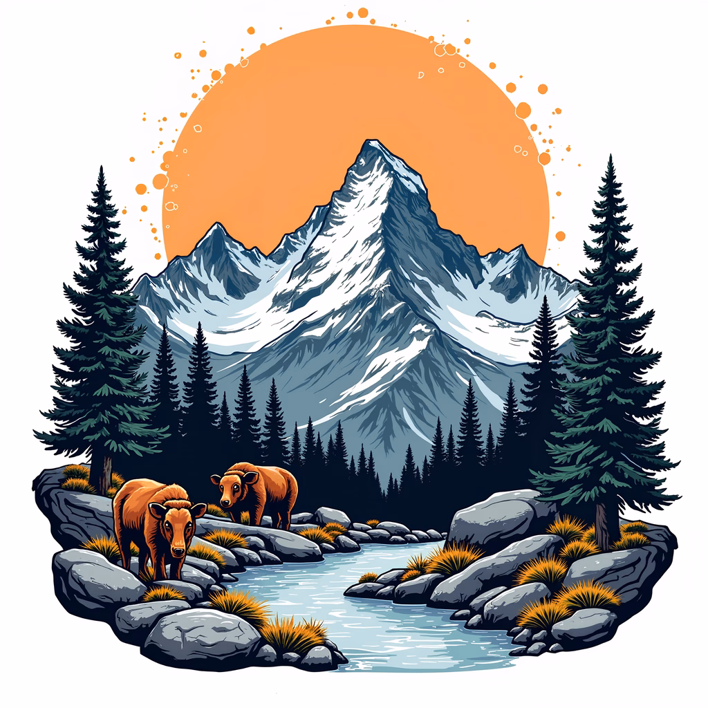 Two bears in a peaceful mountain setting with a warm sunset backdrop.