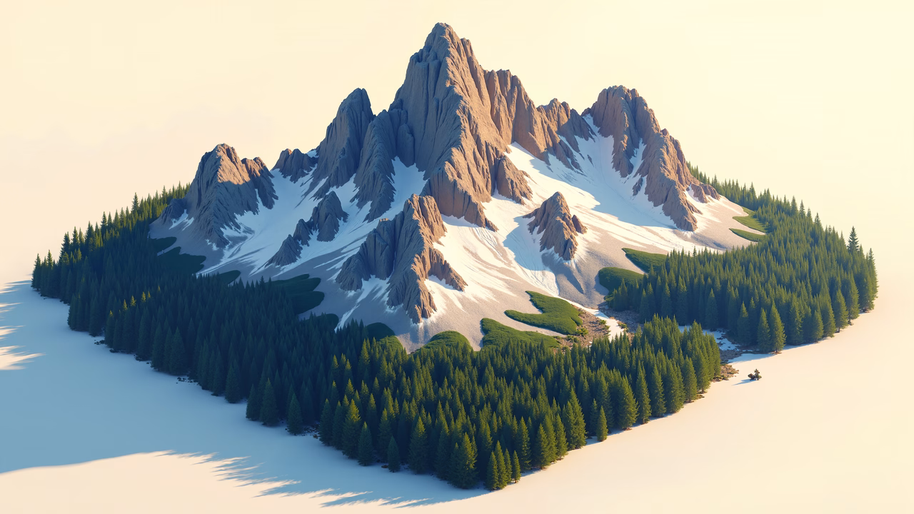 A tranquil mountain island surrounded by pine forests under a soft sky.