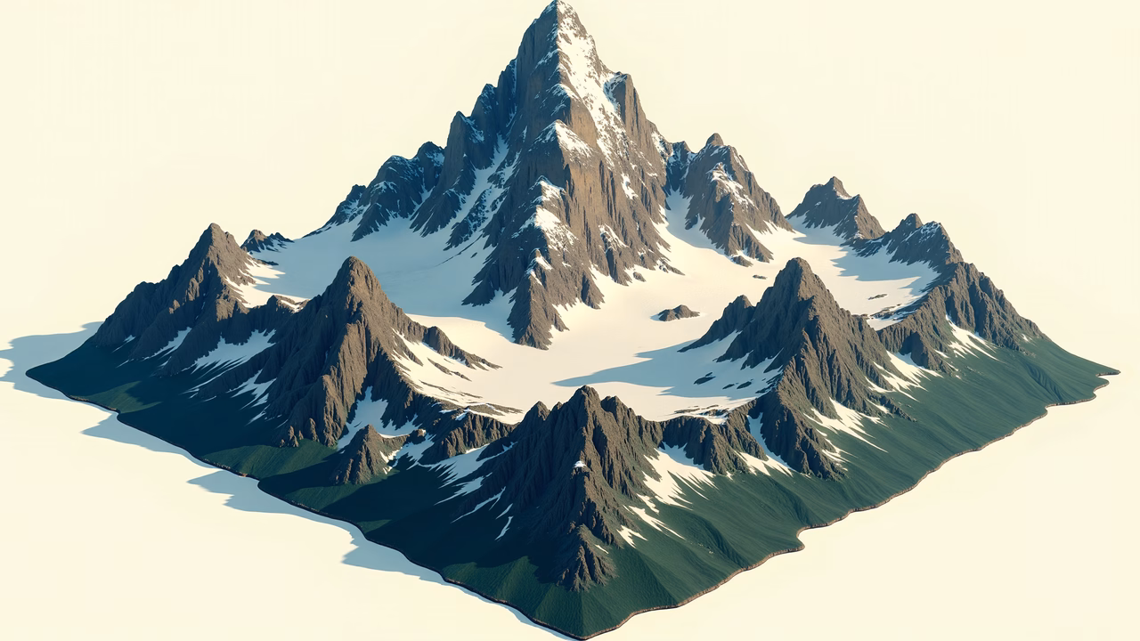 A serene mountain landscape with rugged terrain and patches of snow.