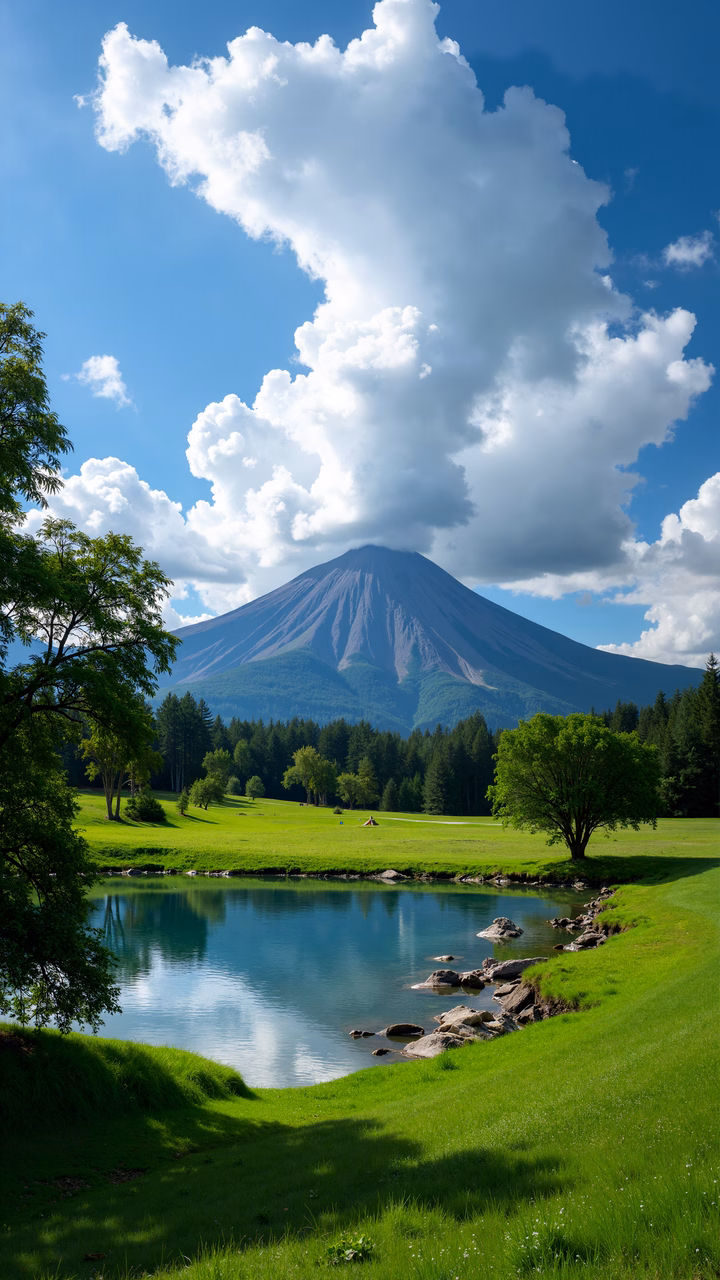 A picturesque mountain reflected in a serene lake surrounded by greenery and blue skies.