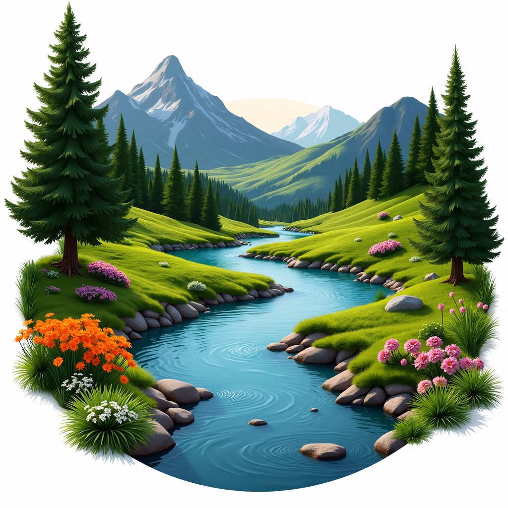 A peaceful mountain stream surrounded by colorful flowers and dense forests.