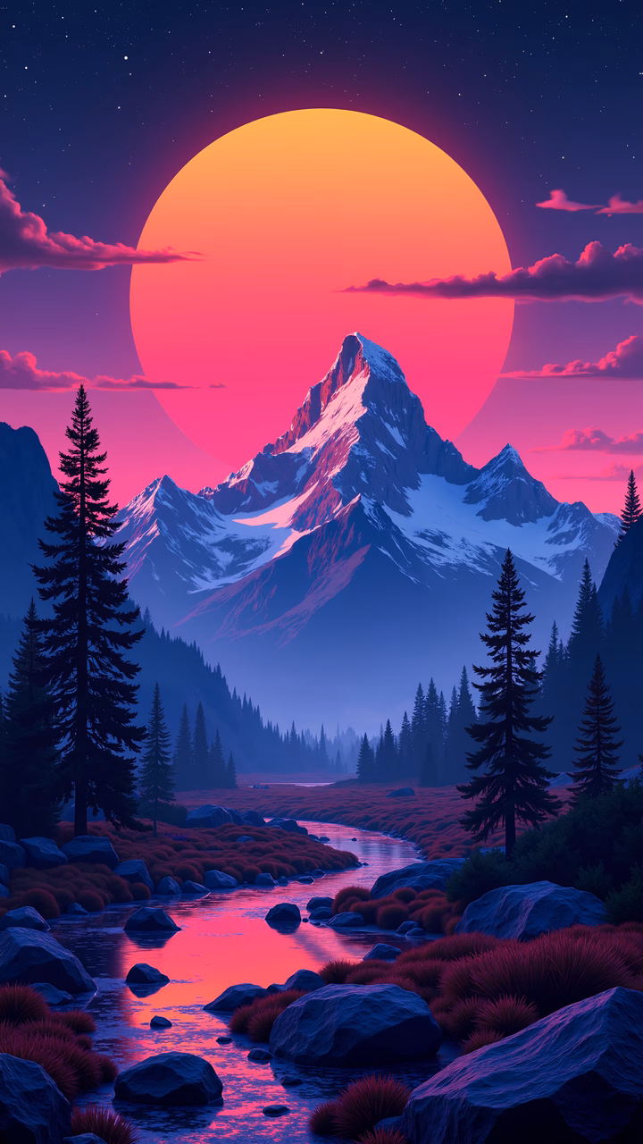 A tranquil mountain sunset with vivid colors and evergreen trees.