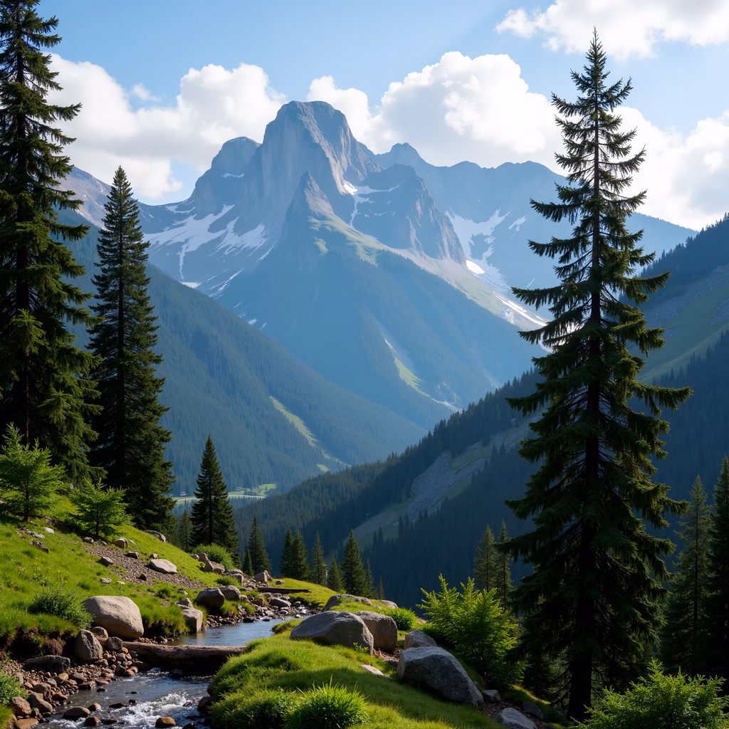 A breathtaking view of a mountain valley with tall evergreen trees and snow-capped peaks.