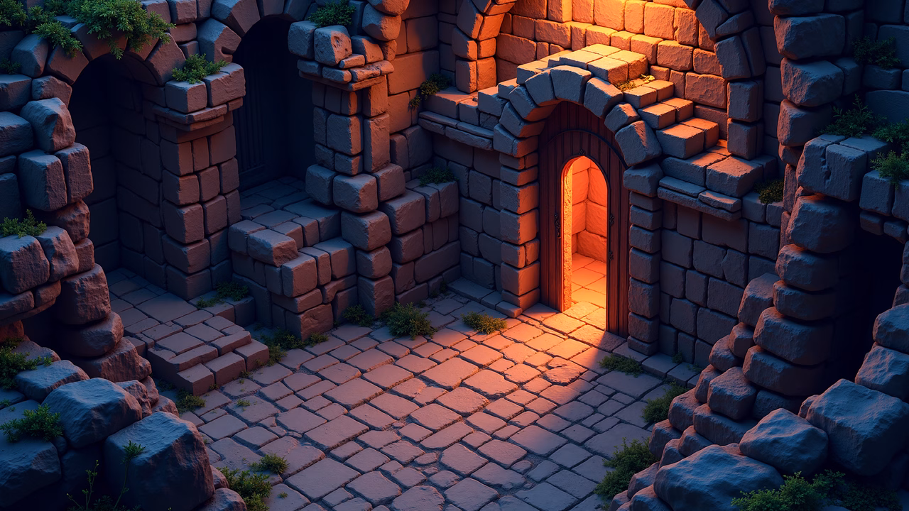 Mysterious dungeon entrance with glowing doorway and stone walls.