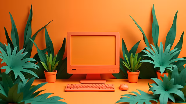 Orange Computer with Tropical Plants