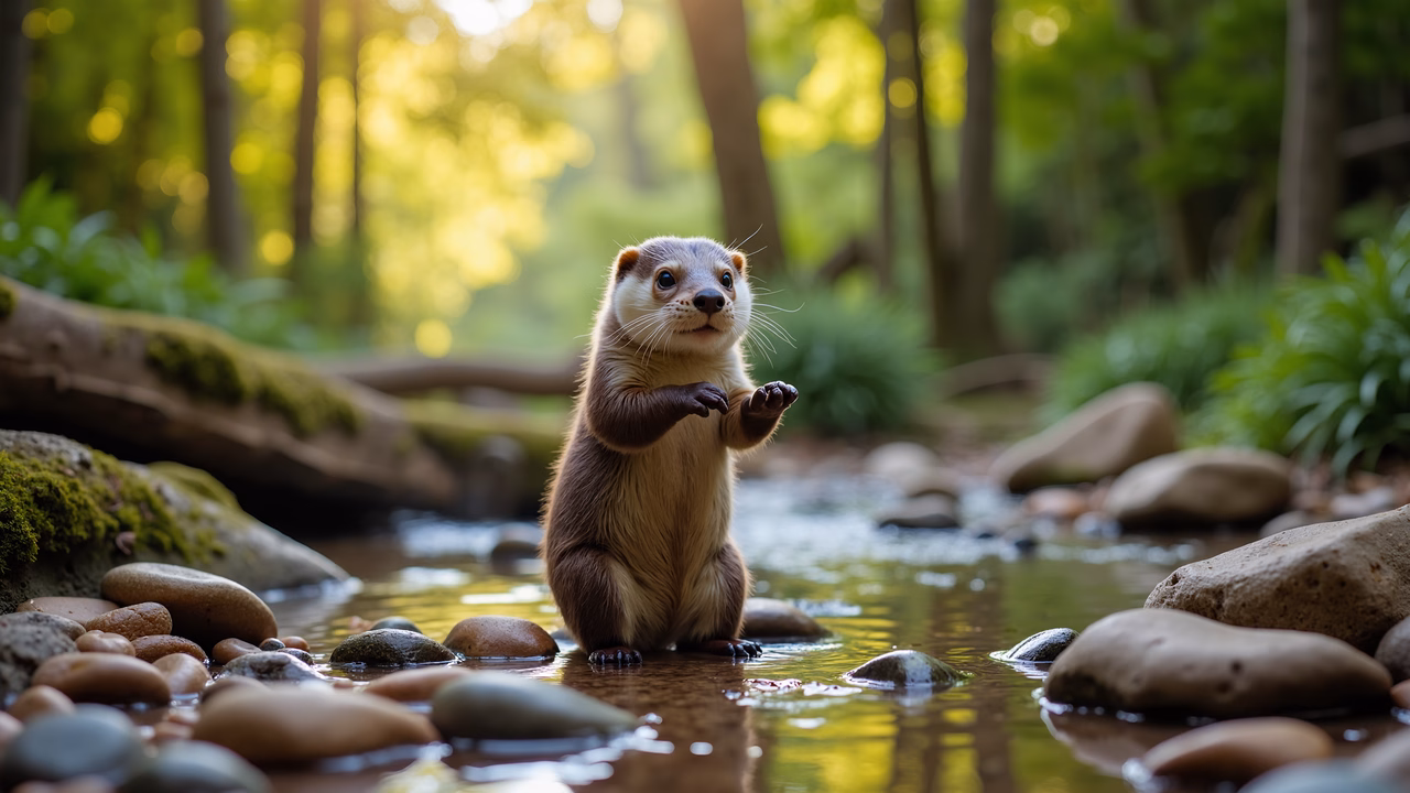 A cute otter standing by a stream, surrounded by nature, capturing a serene moment.