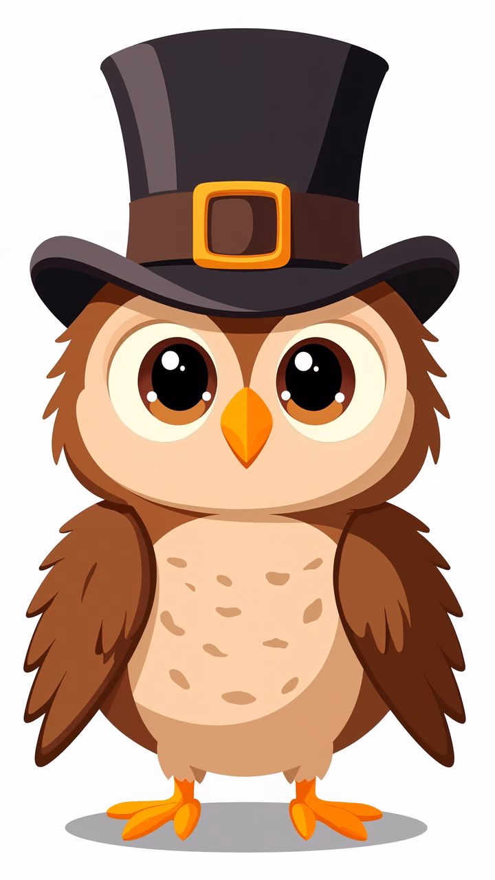 A cute owl wearing a Pilgrim hat, perfect for Thanksgiving celebrations.