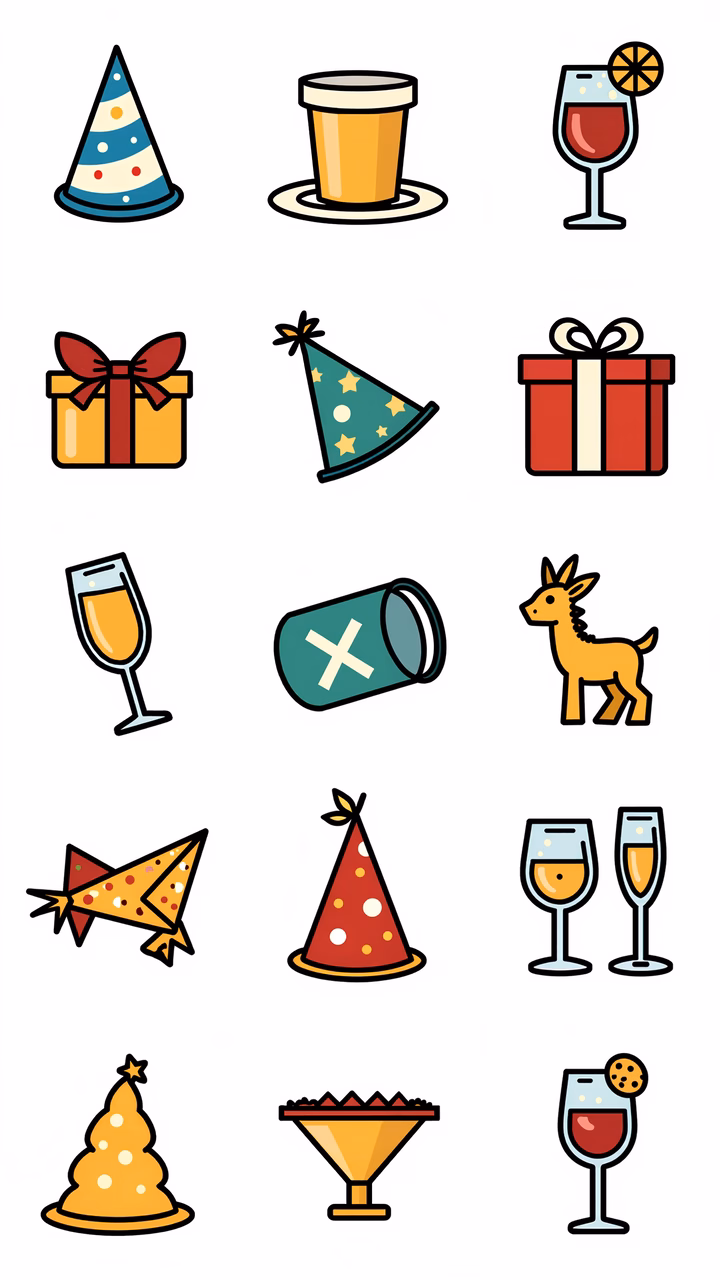 Party hats, drinks, and gifts in a colorful illustration.