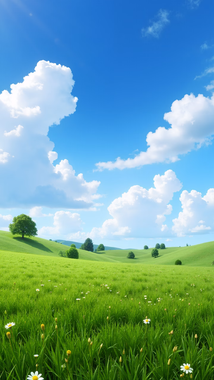 A tranquil pastoral landscape with rolling hills and blooming flowers under a clear blue sky.