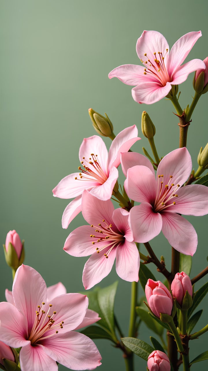 Delicate pink blossoms in soft natural light against a green background.