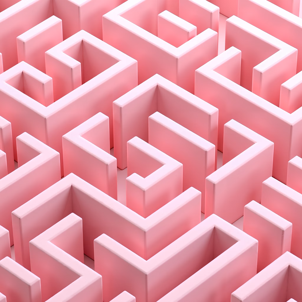 A serene, three-dimensional maze constructed from soft pink cubes.