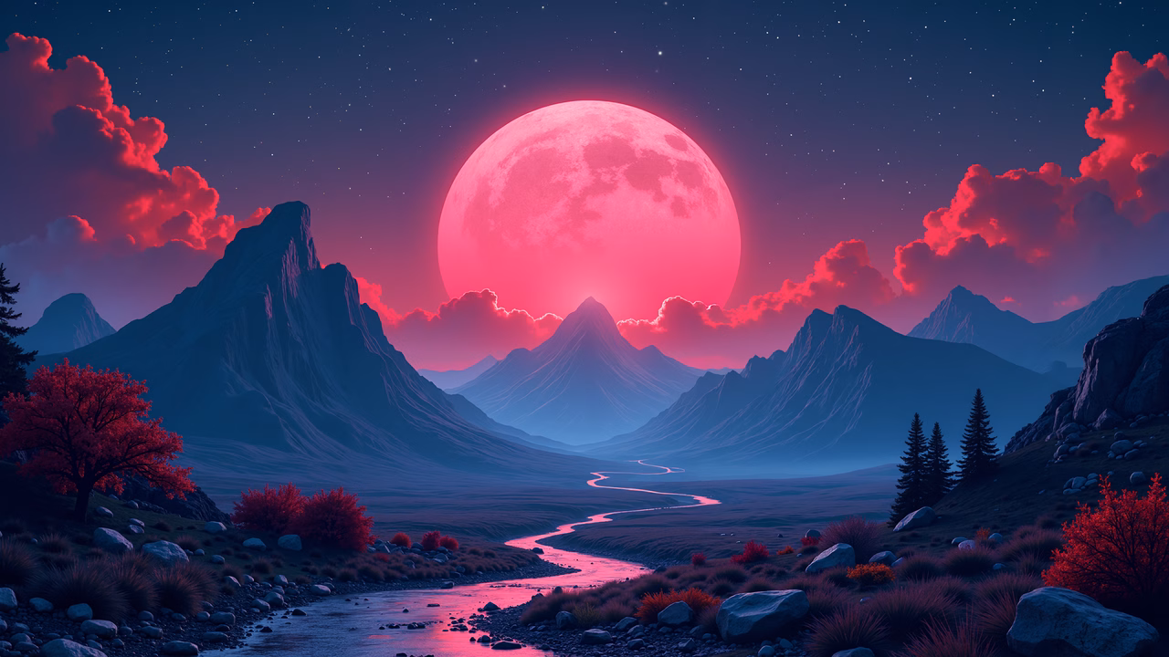 A fantastical night scene with a glowing pink moon illuminating a mountainous landscape and a meandering river.