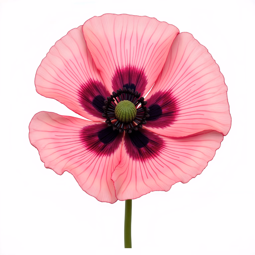 Close-up of a pink poppy flower with intricate veining and contrasting colors against a white background.