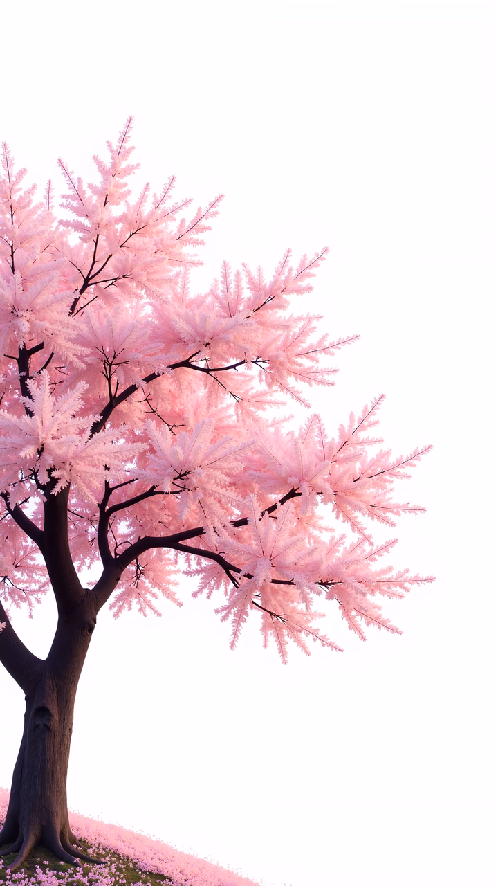 Minimalist illustration of a tree with pink leaves, serene and dreamy atmosphere.