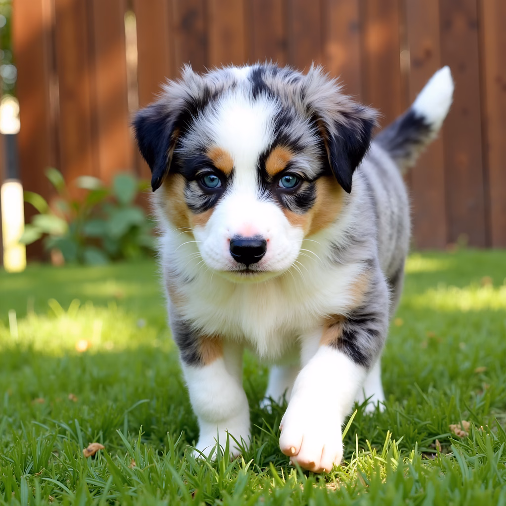 Cute puppy exploring a sunny lawn.