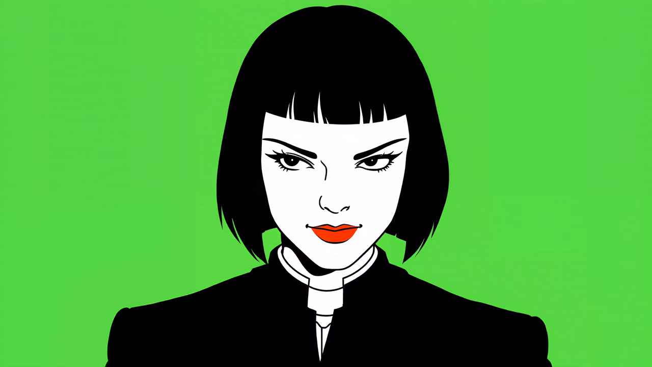 Bold pop art portrait with black-and-white figure on green background.