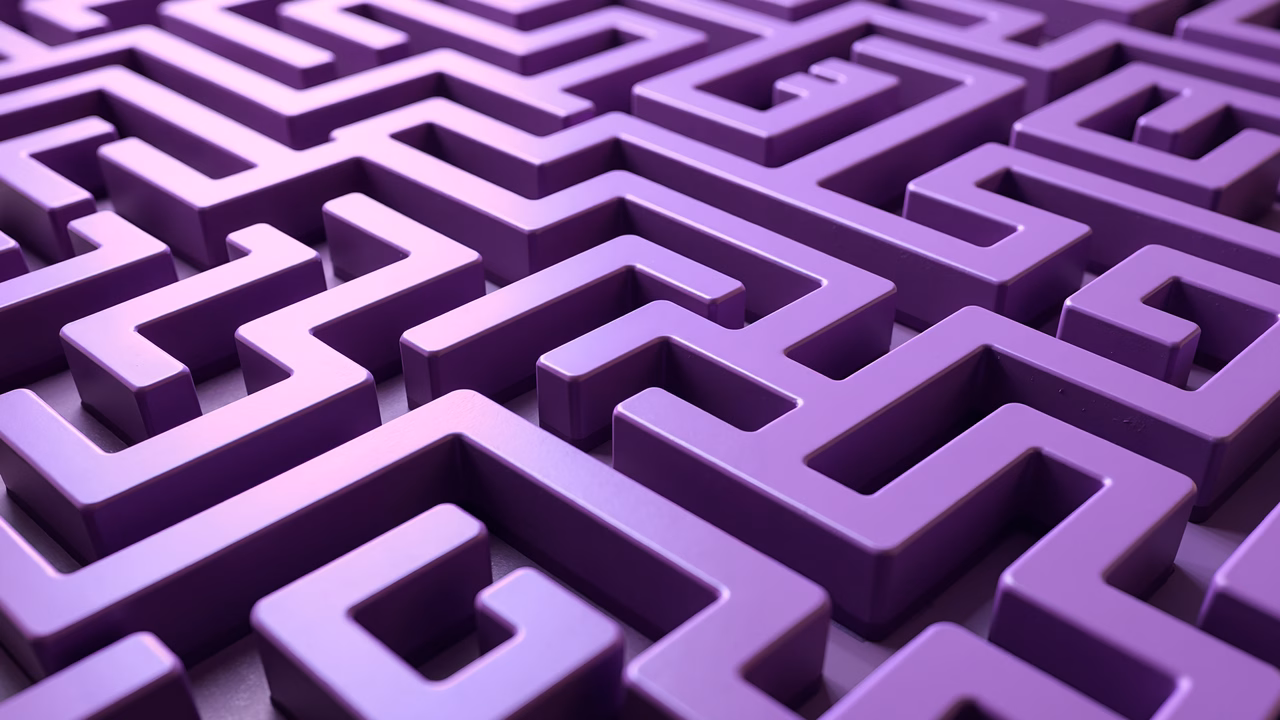 Complex purple maze illustration with monochromatic tones and detailed textures.