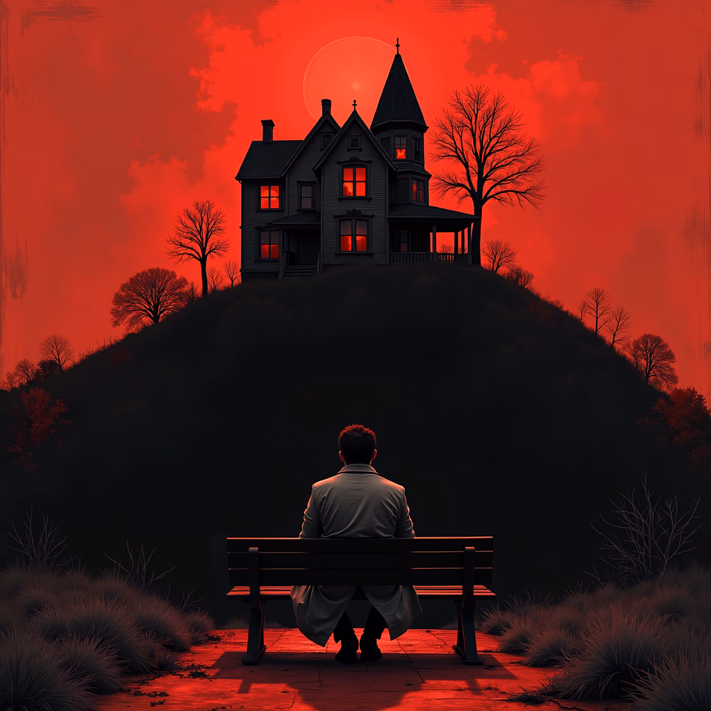 Man sitting on bench, red haunted house, eerie atmosphere
