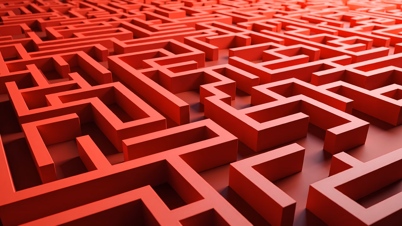 A visually striking red maze with complex geometric patterns.